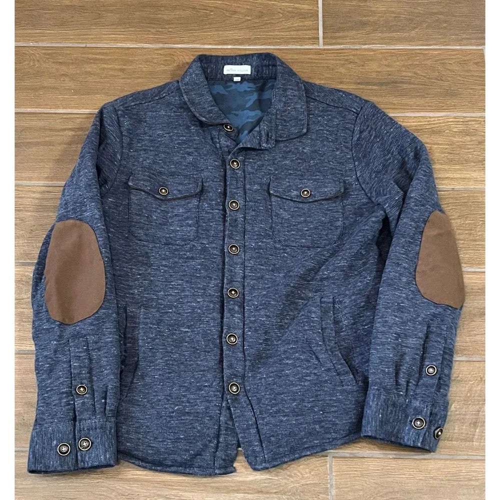 Peter Millar Mens Navy Blue Cotton Linen Knit Shirt Jacket Elbow Patches Large